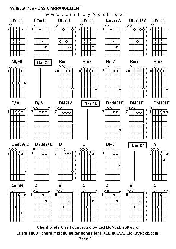 Chord Grids Chart of chord melody fingerstyle guitar song-Without You - BASIC ARRANGEMENT,generated by LickByNeck software.